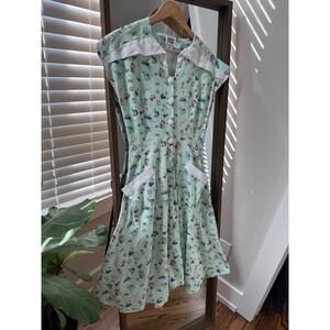 Unique Vintage Nautical Print Dress Navy Collar Sailor Ship Pockets M Mint Icon